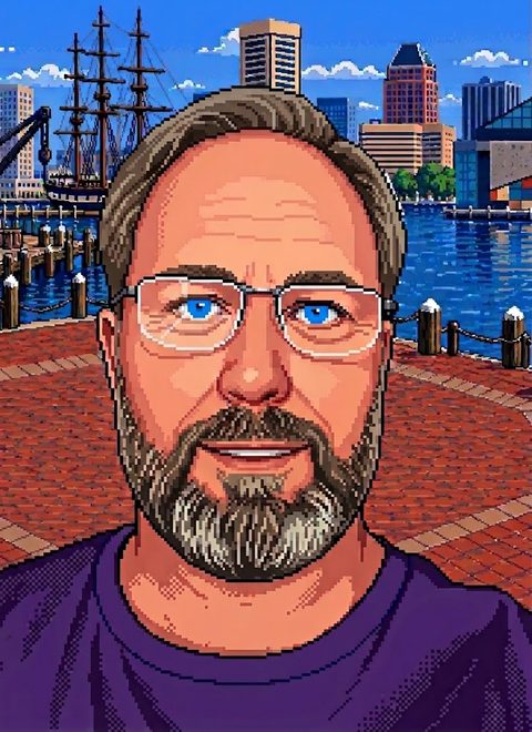 Pixel-art portrait of Dan at the Baltimore Inner Harbor
